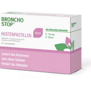 Die BRONCHOSTOP® duo Hustenpastillen in der Apotheke Ebenfurth: Abbildung zeigt Faltschachtel in weiß rosa