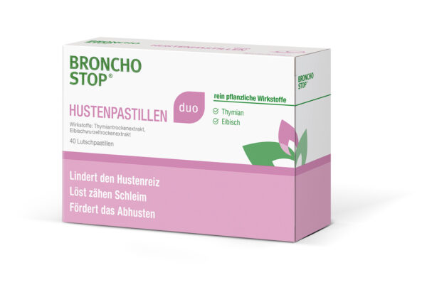 Die BRONCHOSTOP® duo Hustenpastillen in der Apotheke Ebenfurth: Abbildung zeigt Faltschachtel in weiß rosa