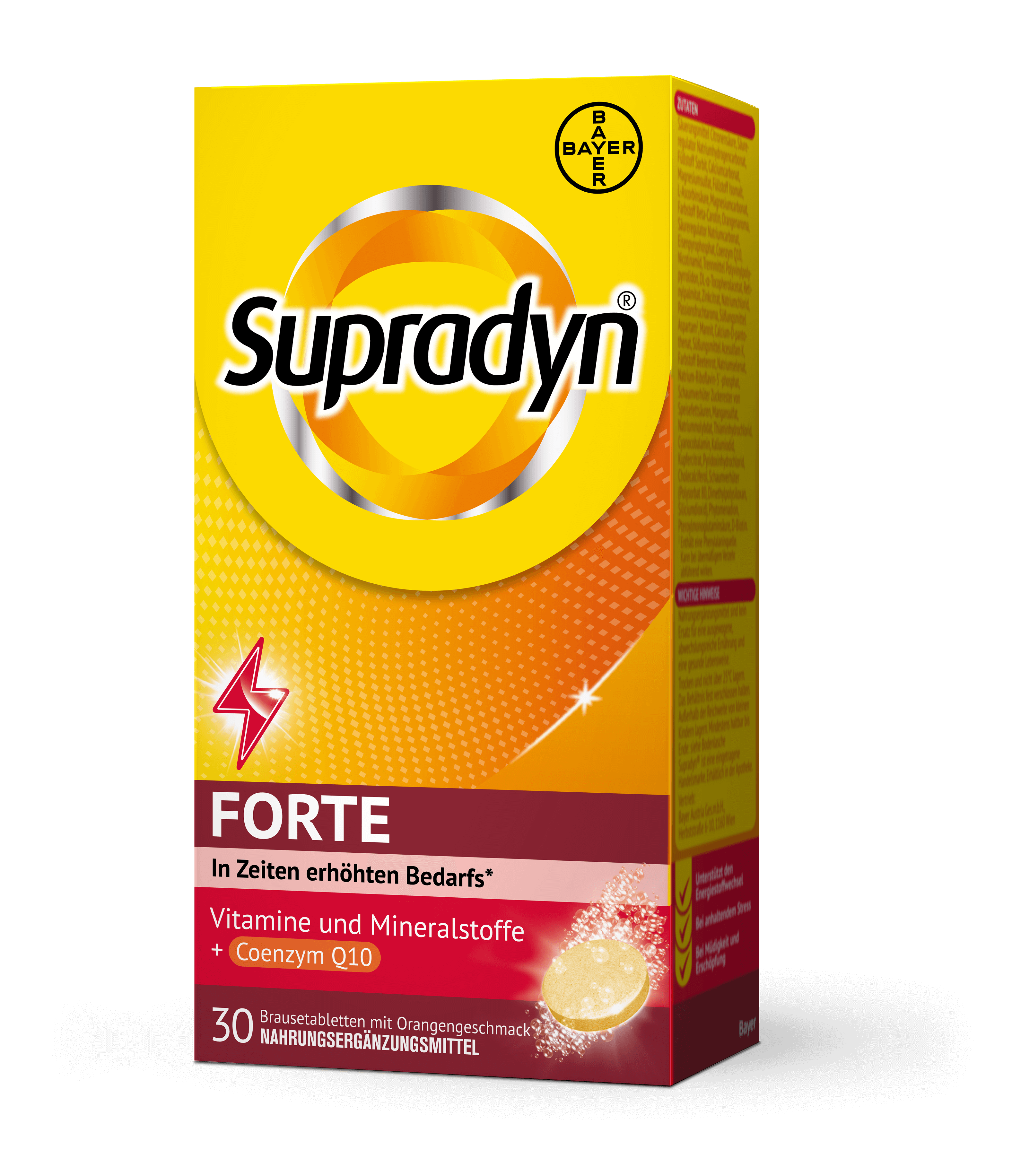supradyn_forte_Brause_30st_apotheke_ebenfurth Supradyn FORTE Brausetabletten in der Apotheke Ebenfurth: Abbildung zeigt Faltschachtel in gelb, orange und rot