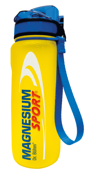 Abbildung zeigt Magnesium Sport Trinkflasche in Gelb und blauem Deckel bzw. Handschlaufe