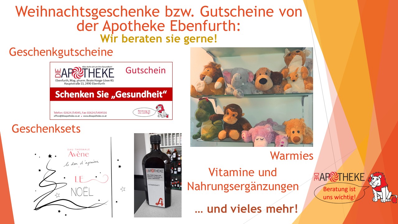 Abbildung zeigt Weihnachtsgeschenke die in der Apotheke Ebenfurth erworben werden können: Gutschein. Wärmetiere Vitamine Geschenksets